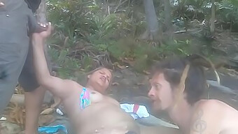 Blonde Babe Gets Fucked By Amateur Couple On The Beach